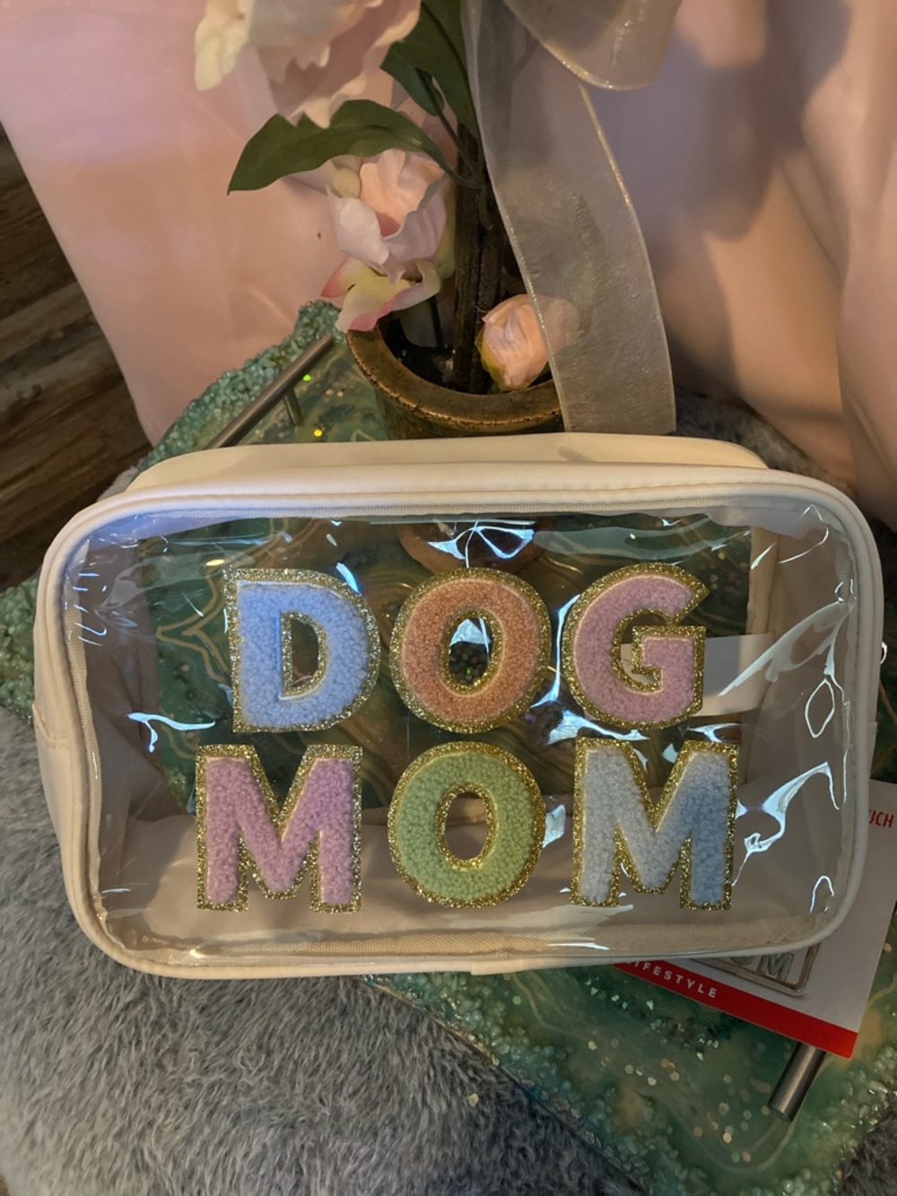 Dog Mom Glitter Cosmetic Bag - Pastel Multi